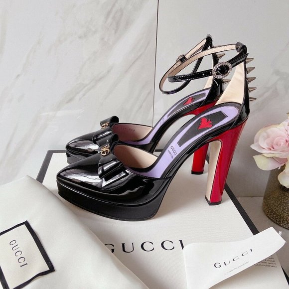 Gucci Shoes - GUCCI GG Bow Sadie Spike Platform Heel Pump Sandal